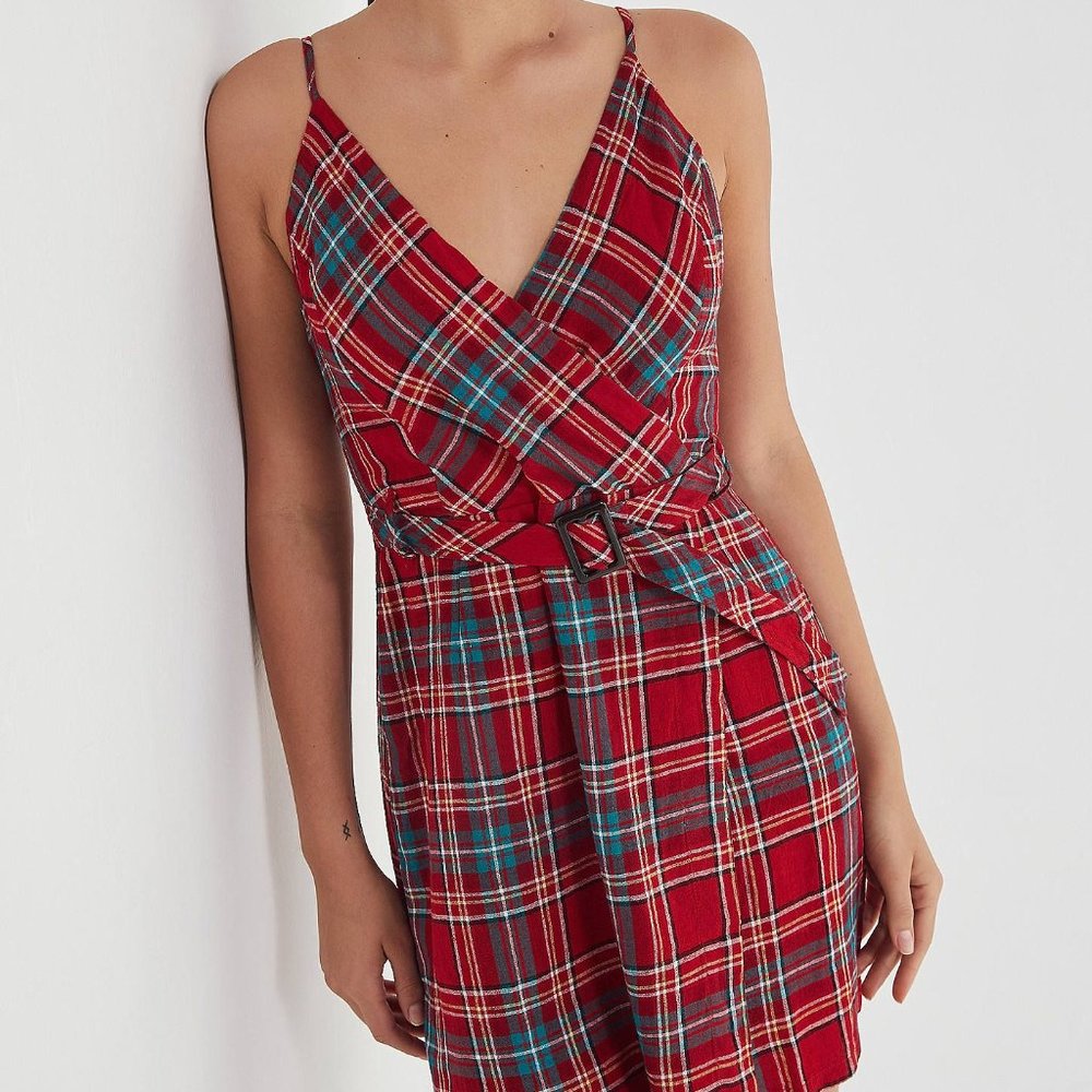NWOT UO Plaid Wrap Mini Linen Belted Amanda Dress